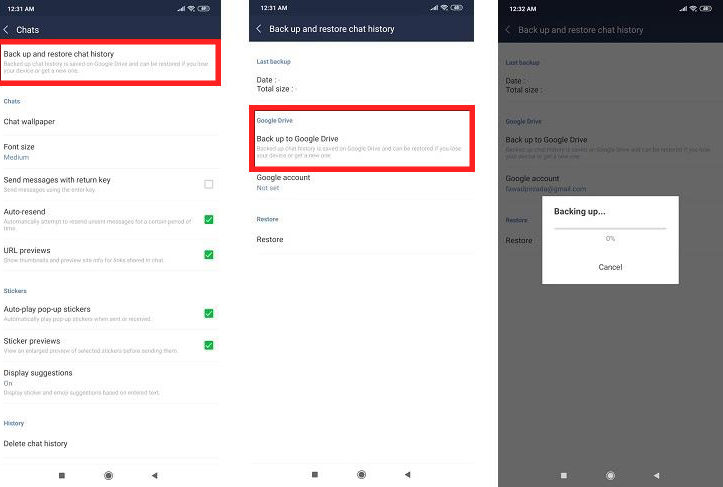 Chat de la línea de respaldo con Google Drive