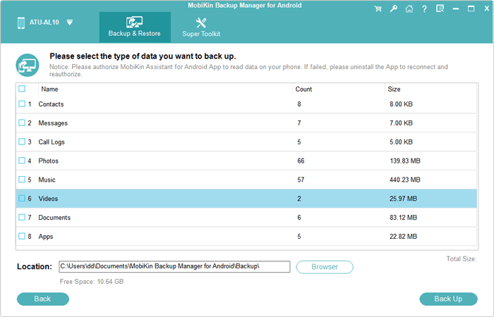 Seleccione datos para hacer una copia de seguridad