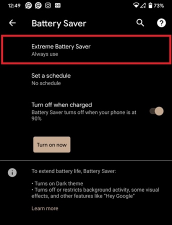 Apague el ahorro de batería en Android