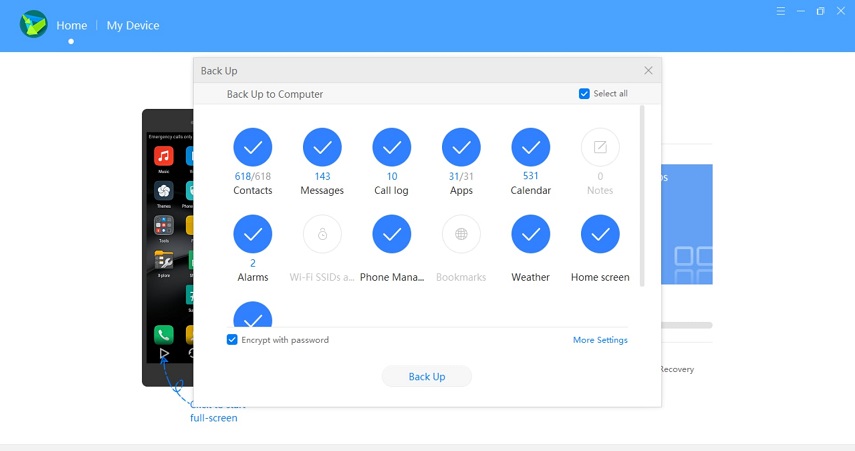 Elija los archivos para hacer una copia de seguridad con Hisuite