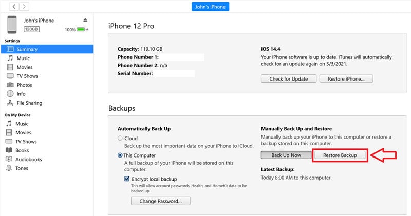 Restaurar copia de seguridad usando iTunes