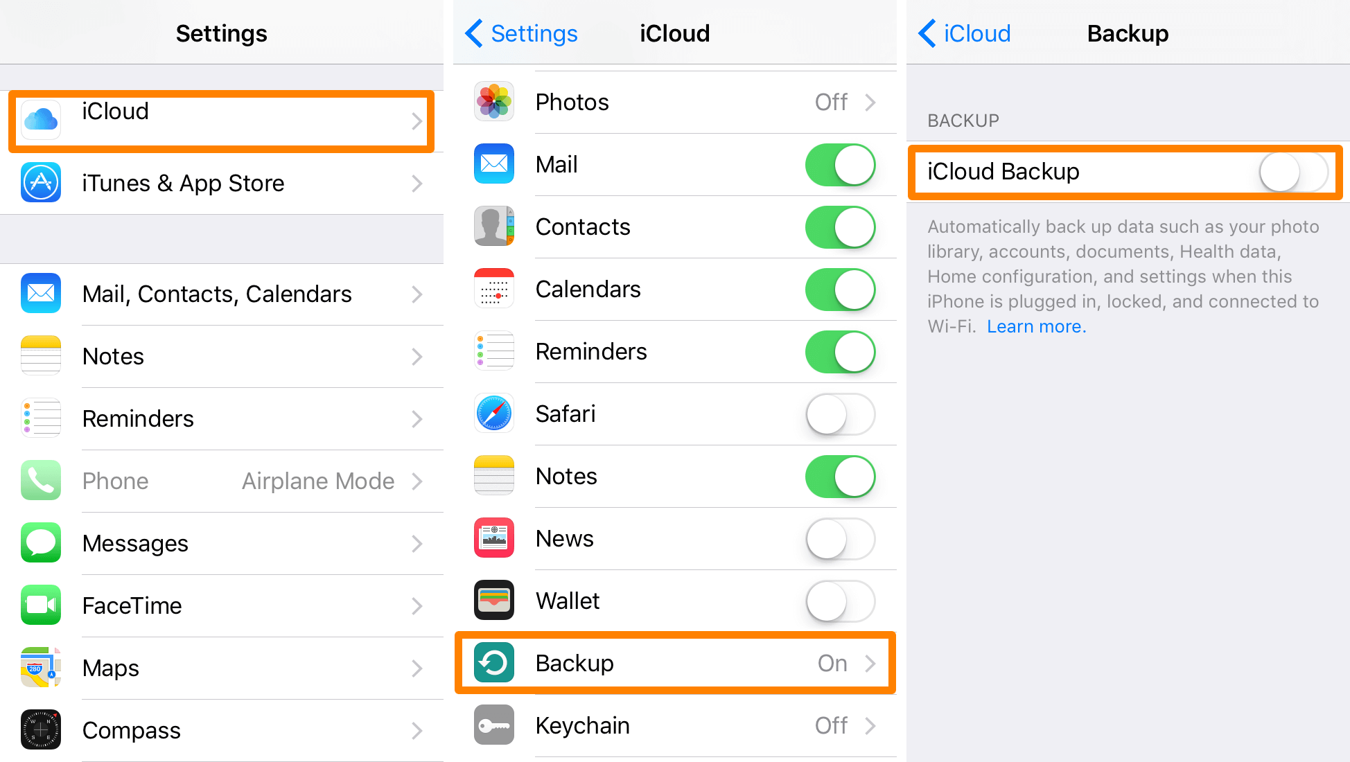 Desactivar la copia de seguridad de iCloud 