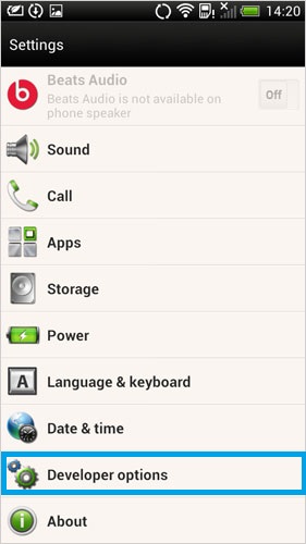 Abra la depuración USB en HTC 5