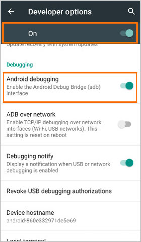 Toque la depuración de Android