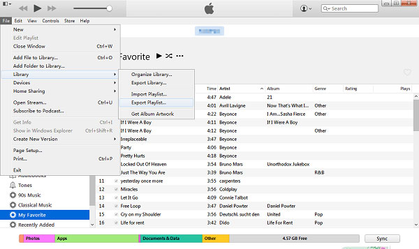lista de reproducción de exportación