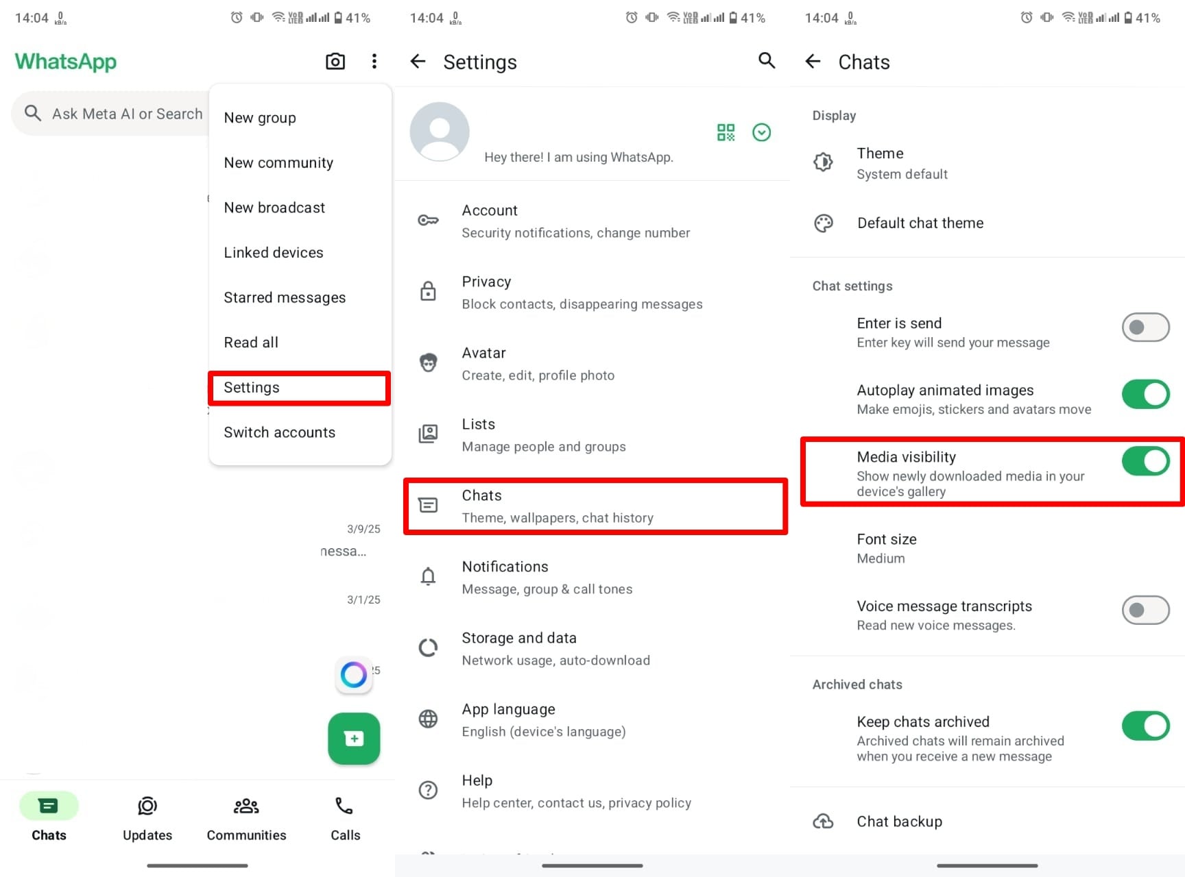 Deshabilitar la visibilidad de los medios de los chats