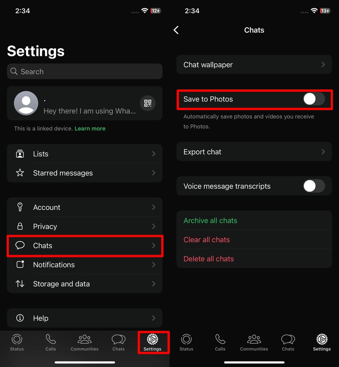 Desactivar Guardar fotos para todos los chats