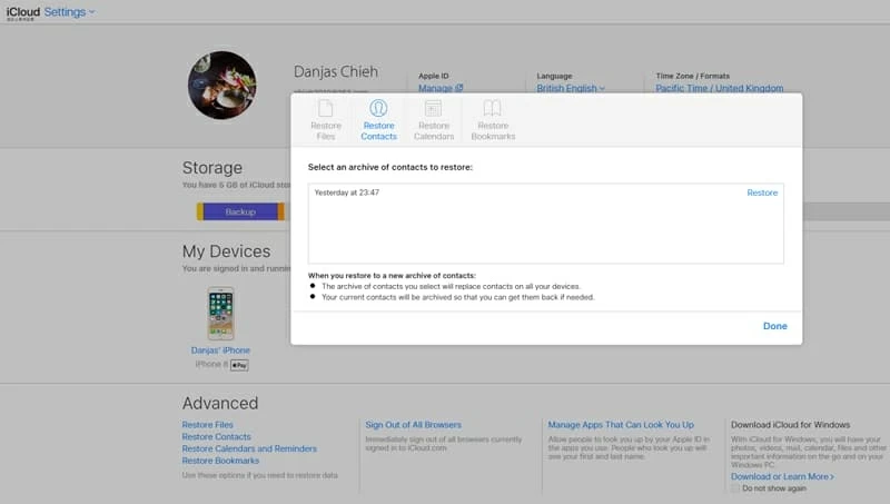 Restauración de contactos en iPhone 7 Plus desde iCloud
