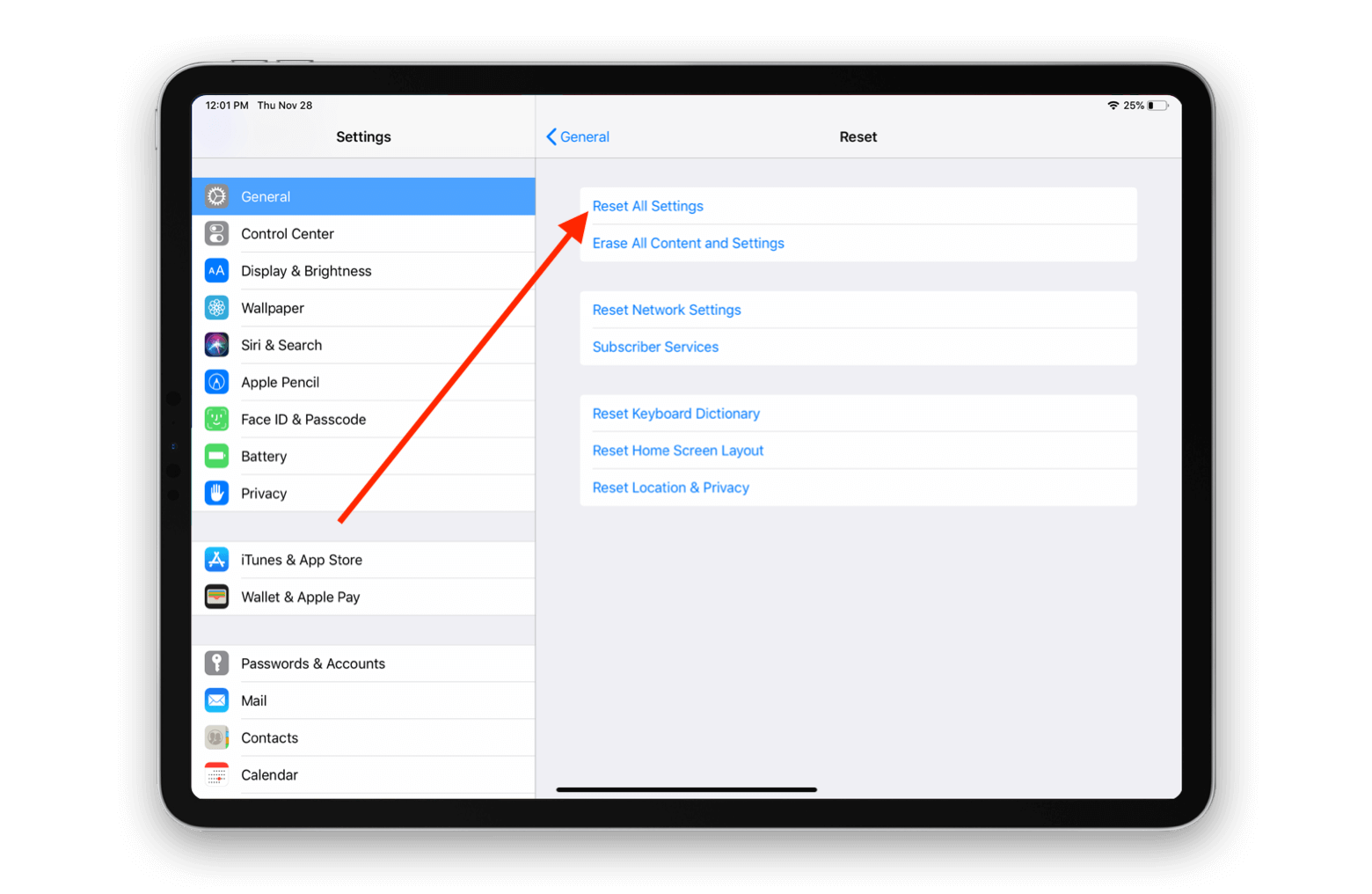 iPad restablece todas las configuraciones