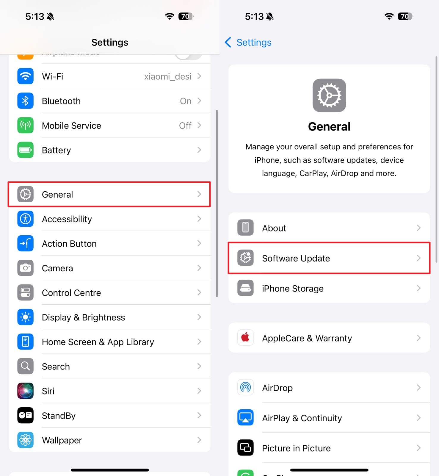 Acceso a la configuración de actualización del software
