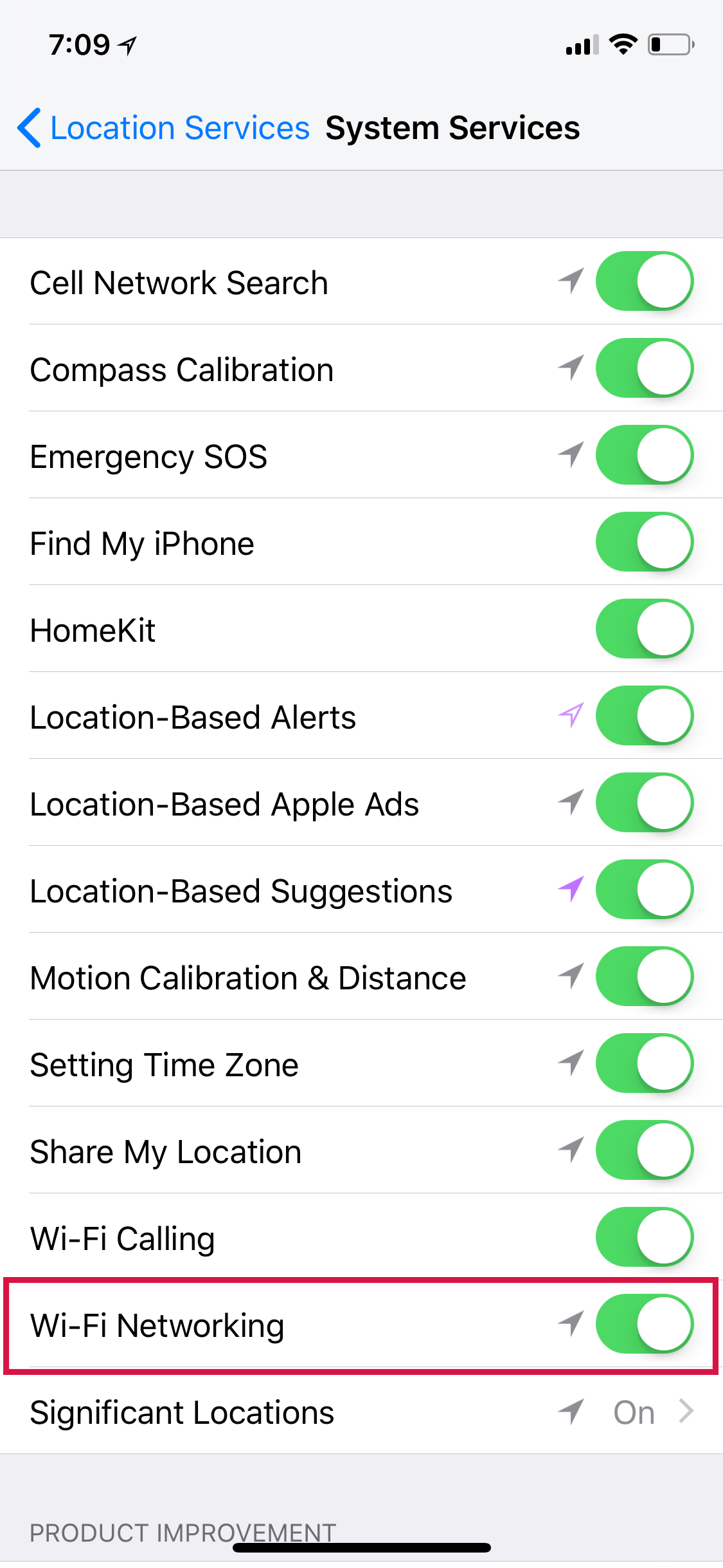 Servicios de ubicación de configuración de iPhone WI FI Networking en