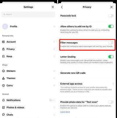 Mensajes de filtro de configuración de línea