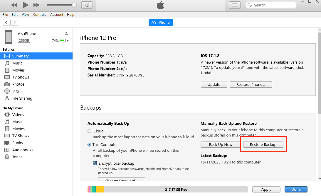 Restaurar la copia de seguridad del iPhone usando iTunes 