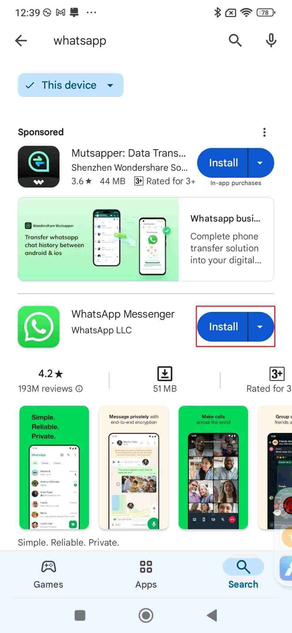 Instale WhatsApp en Android nuevamente