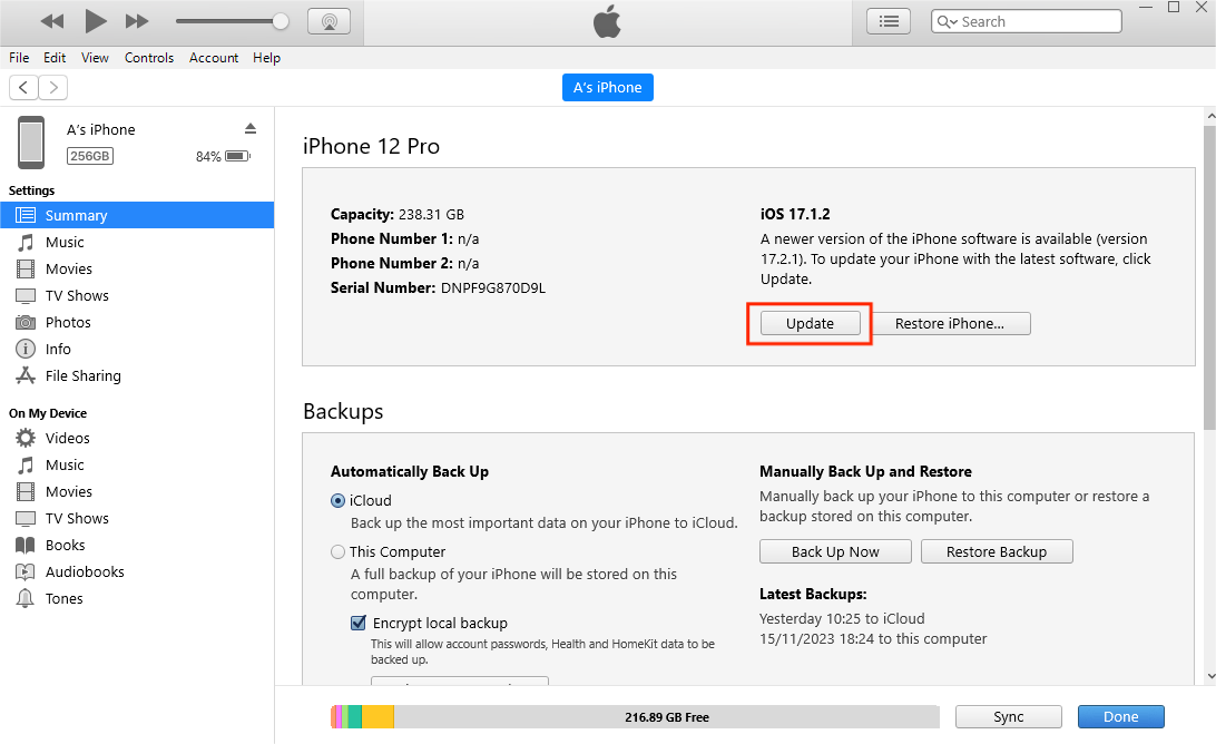 Actualizar iPhone usando iTunes