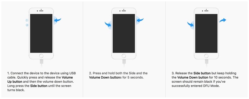Coloque un iPhone 8 o más tarde en el modo DFU para arreglar el iPhone no se restaurará en modo de recuperación