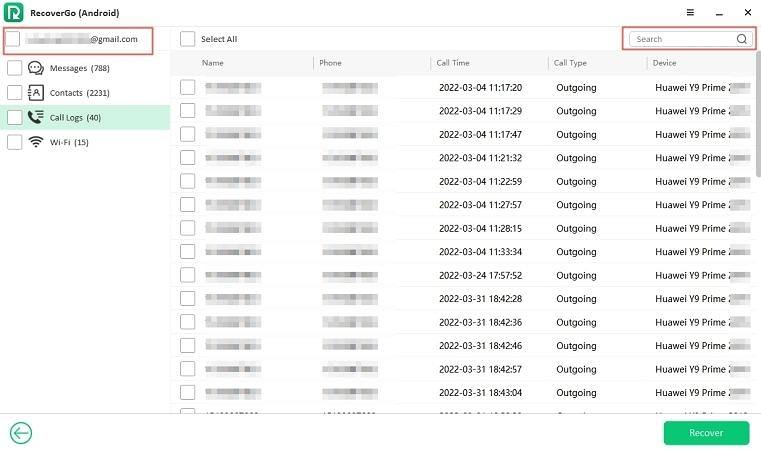Recovergo Android Seleccionar datos de recuperación