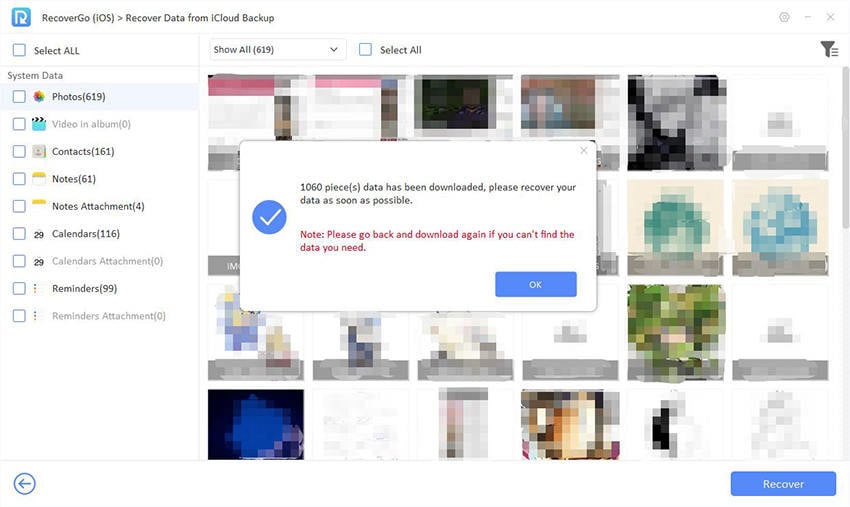 Guía de Recovergo iOS - Vista previa de datos de la copia de seguridad de iCloud
