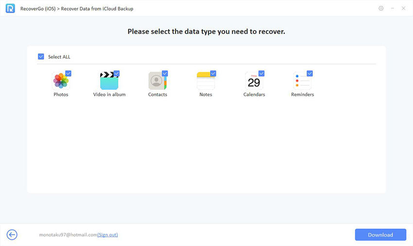 Guía de Recovergo iOS: seleccione Tipo de datos para recuperarse de la copia de seguridad de iCloud