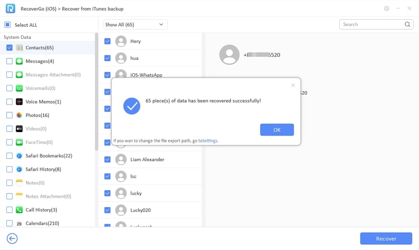 Recovergo iOS recuperó datos de la copia de seguridad de iTunes con éxito