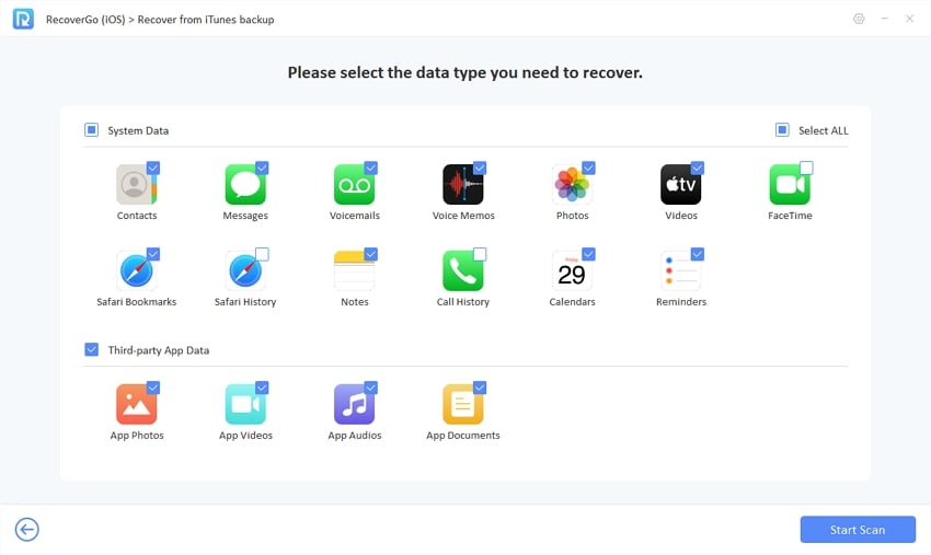 Recovergo iOS Select Data Recope Recuperación de iTunes Backup