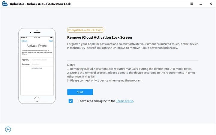 Haga clic en el botón Inicio para eliminar el bloqueo de iCloud