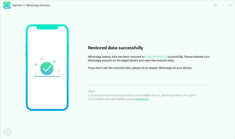 Guía Watsgo - Restaurar la copia de seguridad de WhatsApp con éxito