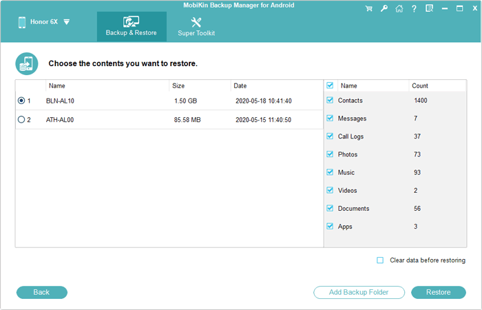 Llame Log Restaurar en Android con Android Copia de seguridad y restaurar
