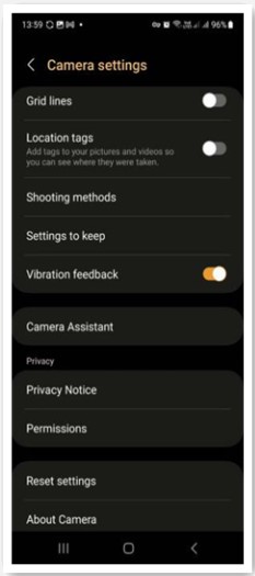 Configuración de la cámara Samsung