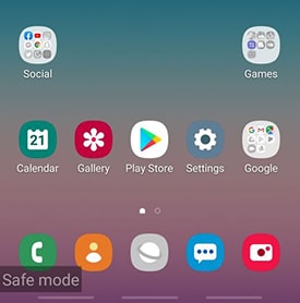 pantalla de inicio del modo seguro de Samsung