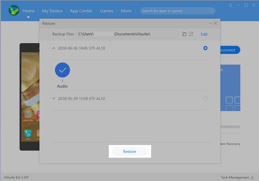 Seleccione el archivo para restaurar en Hisuite
