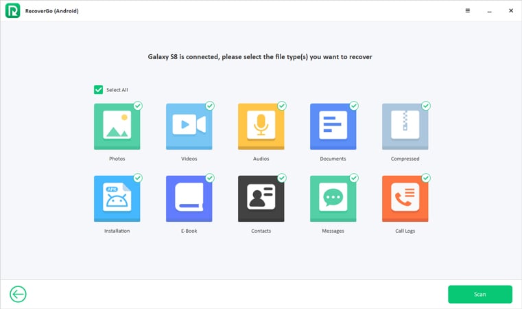 Seleccione los tipos de archivos Recovergo Android