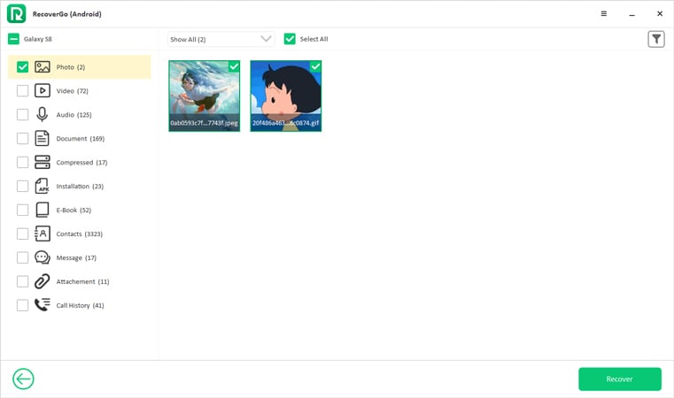 Seleccione archivos Recovergo Android