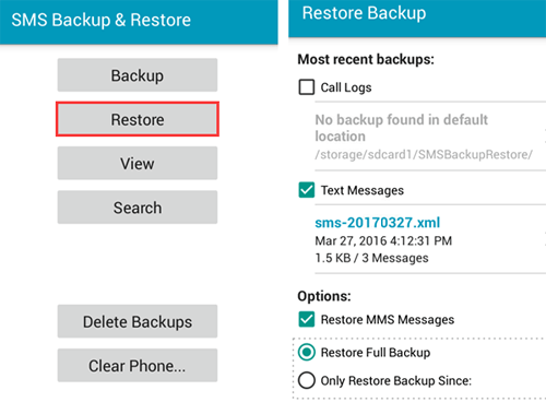 Restaurar registros de llamadas de Android con copia de seguridad y restaurar SMS