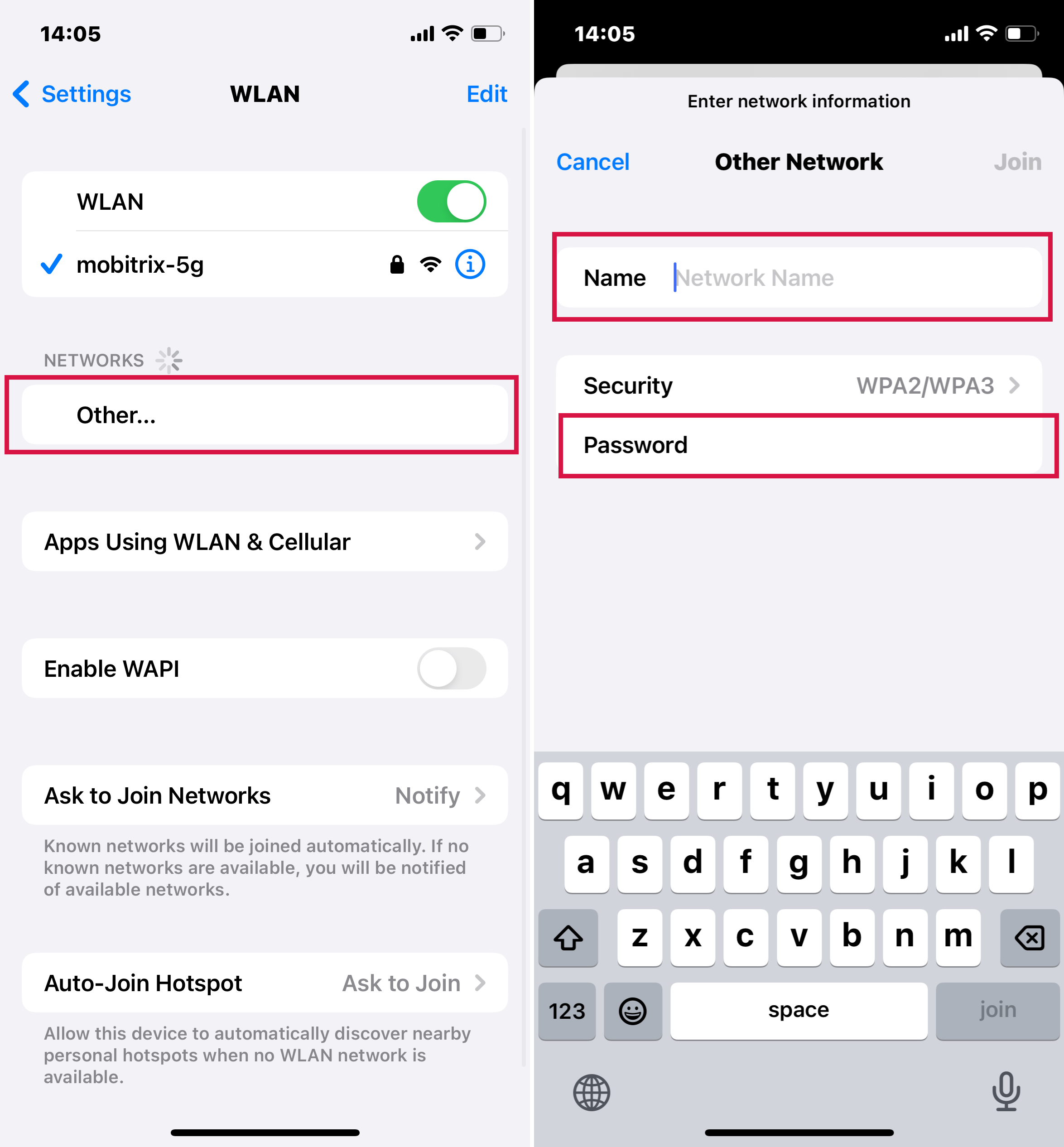 Pasos para conectarse a una red oculta en iPhone Ingrese el nombre de la red