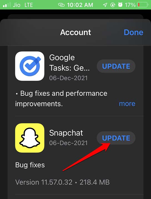 Intenta actualizar la versión de Snapchat