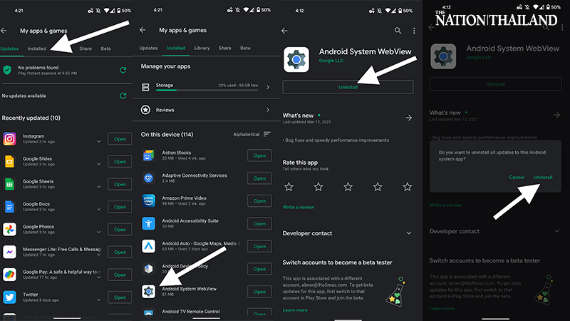 Desinstalar el sistema Android WebView