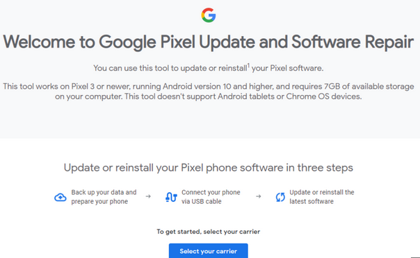 Píxel de reinicio de fábrica con actualización y reparación de software