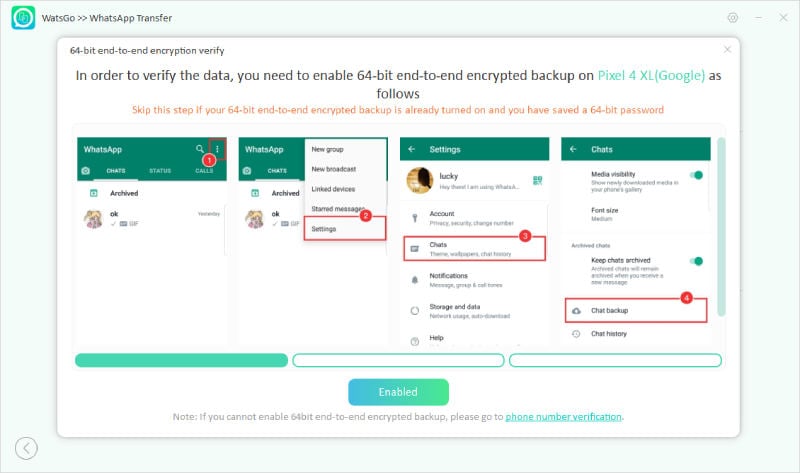 Guía Watsgo - Encienda la copia de seguridad de Whatsapp encriptada de 64 bits